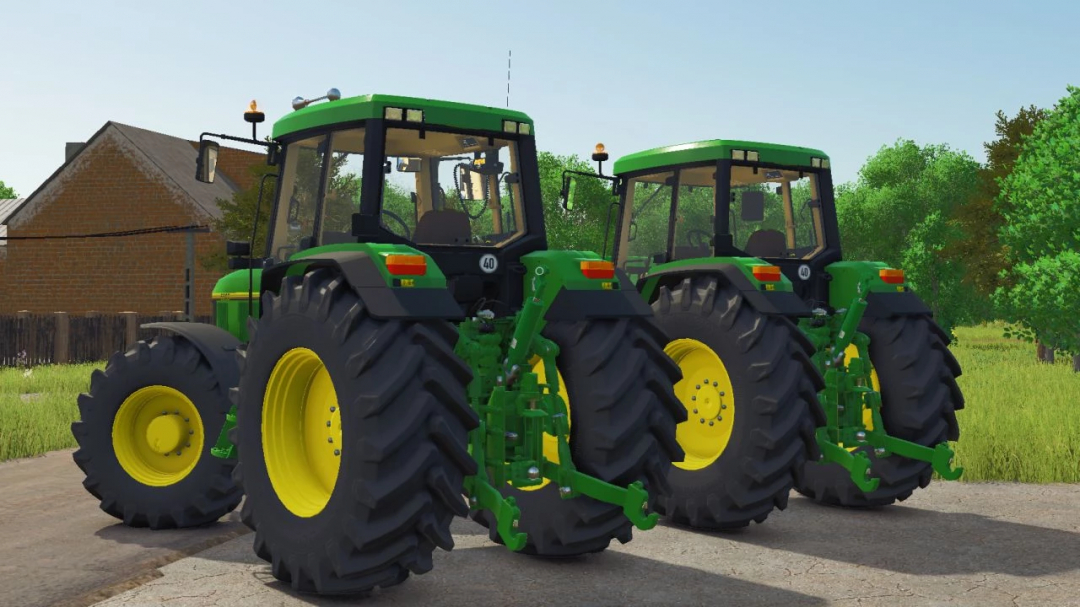 FS25 mods image of two John Deere 6000 Series tractors v3.0.0.0 in a rural setting.