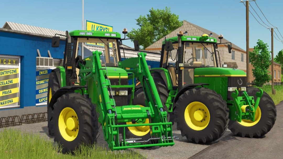 John Deere 6000 Series tractors in FS25 mod, parked near building.