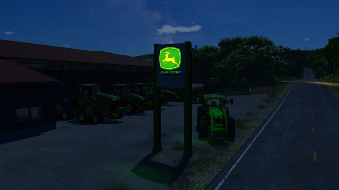 FS25 mod featuring a John Deere dealer sign illuminated at night, showcasing parked tractors in Farming Simulator 25.