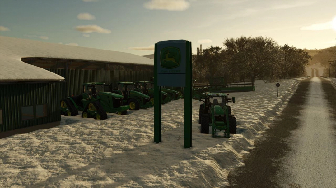 FS25 mods - John Deere Dealer Sign with tractors in snow, Farming Simulator 25