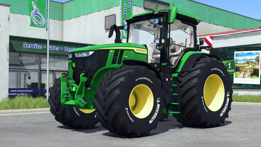 John Deere tractor with engraved Michelin tires in FS25 mod.