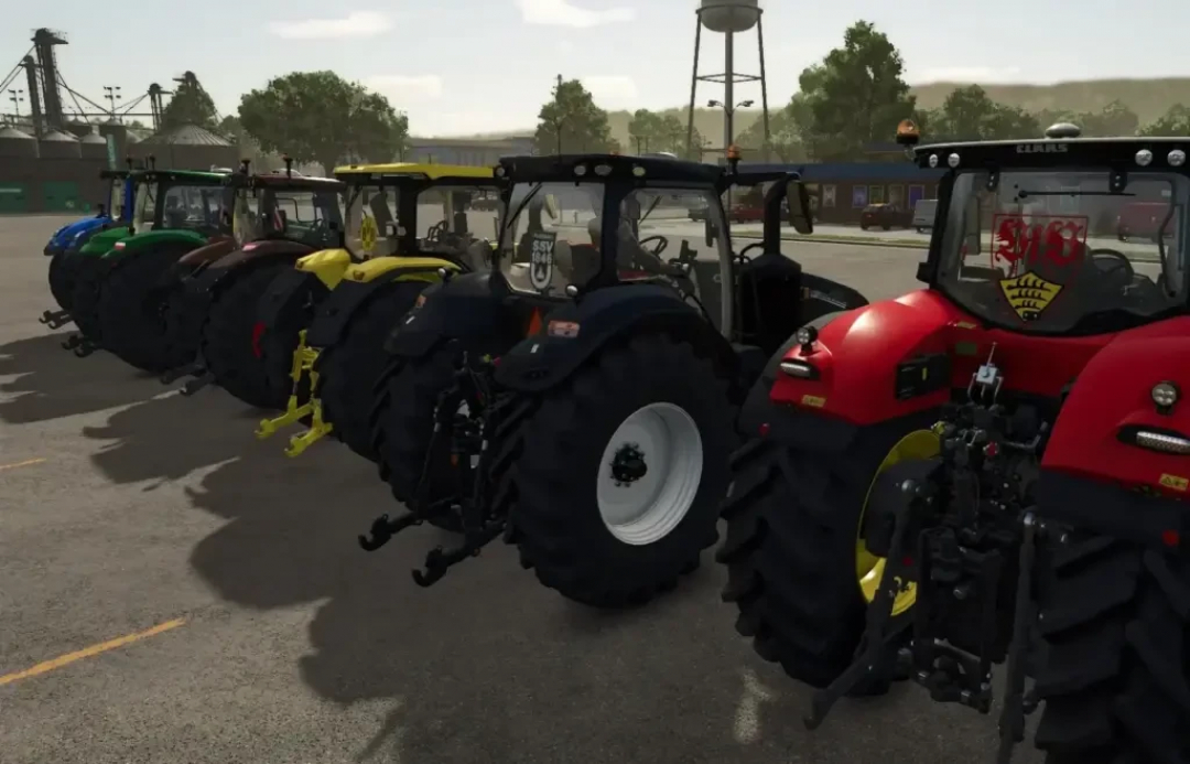 Image of Large Tractors Bundesliga Edition in FS25 mods, showcasing various colored tractors parked in a row.