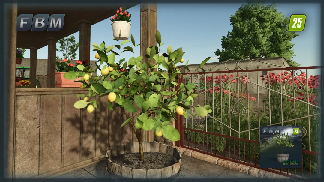 Lemon Tree mod for Farming Simulator 25, featuring a lemon tree in a wooden planter beside a decorative fence.