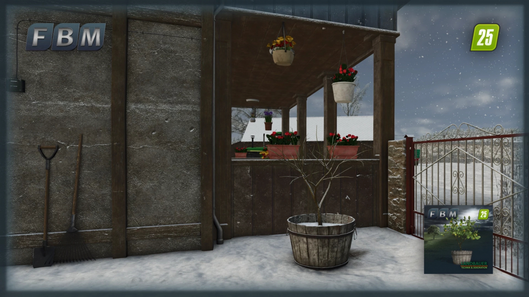 FS25 Lemon Tree mod showing a potted lemon tree in a snowy courtyard with tools and hanging flowers.