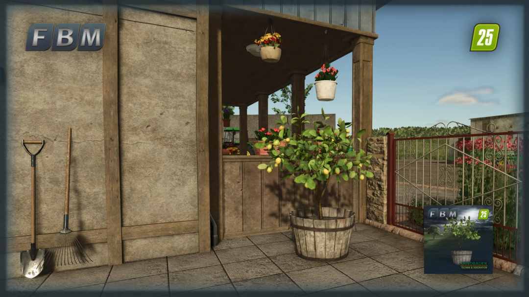 FS25 mod Lemon Tree v1.0.0.0, featuring a potted lemon tree by a rustic building with tools, enhancing Farming Simulator 25 realism.