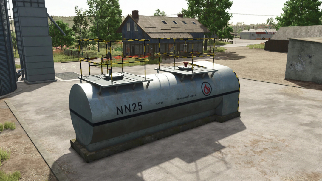 FS25 mod Lizard Fuel Tank v1.0.0.0 in a rural setting with buildings and trees in Farming Simulator 25.