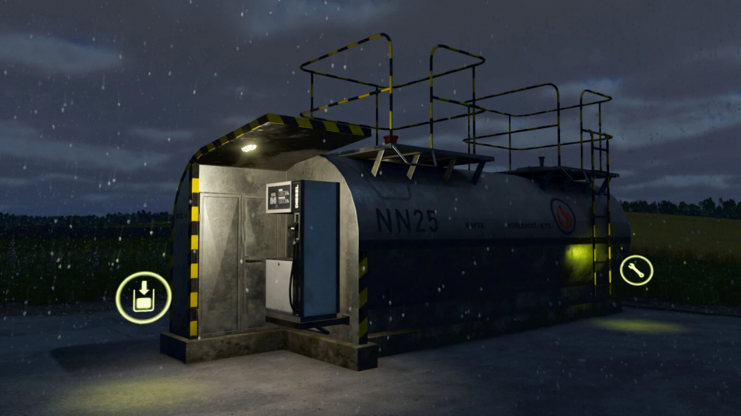 Lizard Fuel Tank mod in FS25, showing a large fuel container at night with raindrops and illuminated controls.