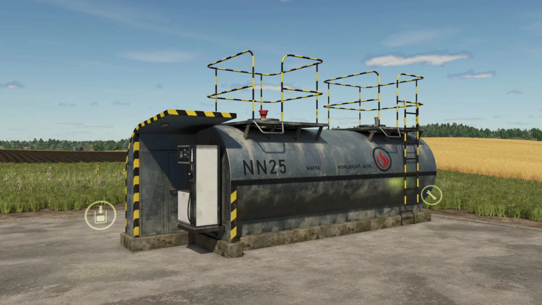 Lizard Fuel Tank mod in FS25 depicting a large fuel storage with safety railings on a farm.