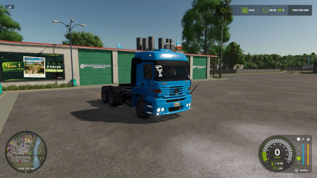 Blue Mercedes 1938 S truck mod in Farming Simulator 25, parked in front of Axels Tractor Center.