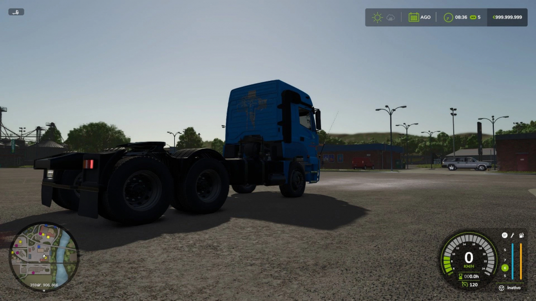 Blue Mercedes 1938 S truck mod in Farming Simulator 25, shown in a parking area with game HUD visible.