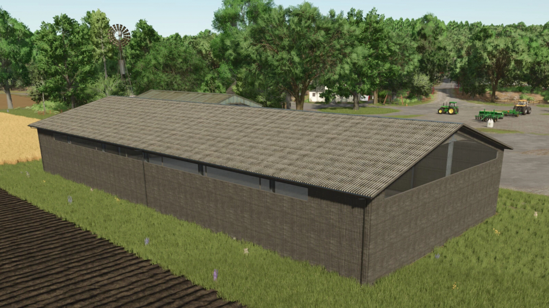 Modern Wooden Barn mod in FS25 surrounded by trees and farmland.