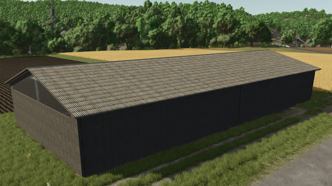 Modern wooden barn mod for FS25, featuring a large structure set amidst fields and trees.