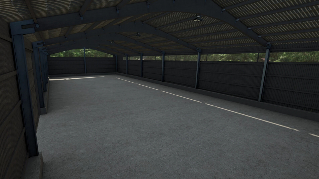 Interior view of Modern Wooden Barn mod in FS25, showcasing spacious and well-lit design.