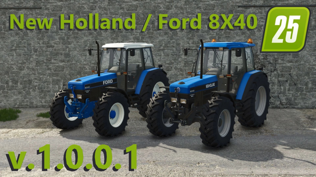 FS25 mod New Holland Ford 8x40 v1.0.0.0 tractors displayed on concrete.