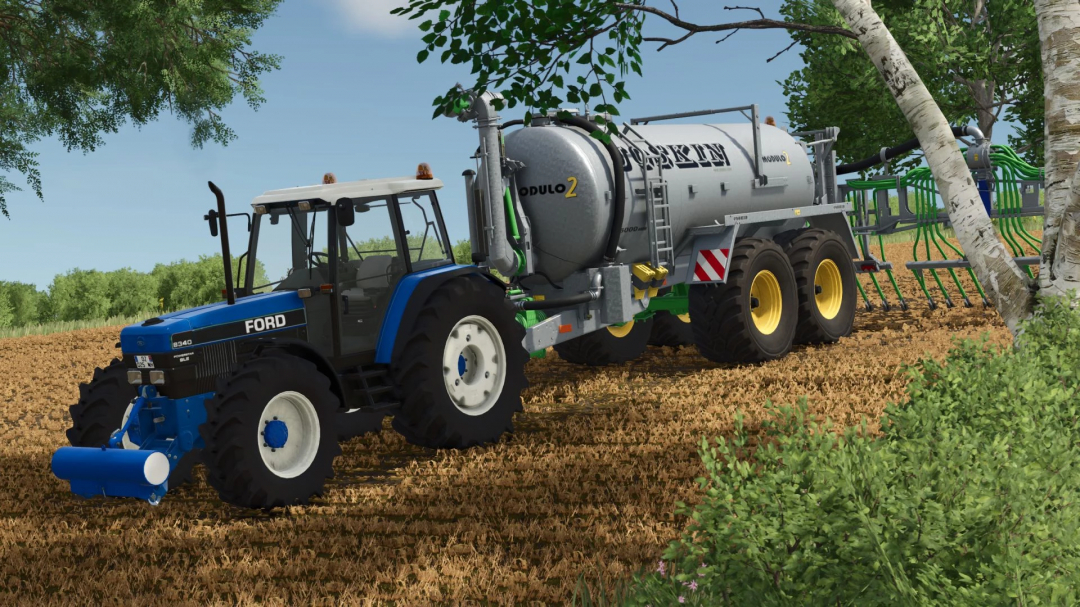 FS25 mod: New Holland / Ford 8x40 tractor pulling slurry tank in field.