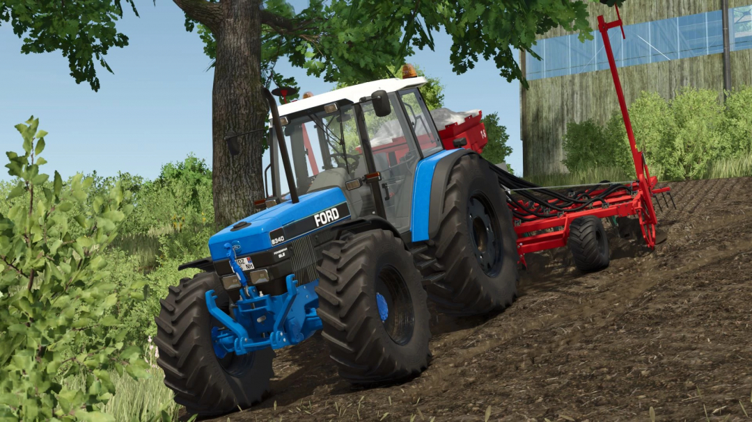 New Holland / Ford 8x40 tractor mod in FS25 working on a farm field.