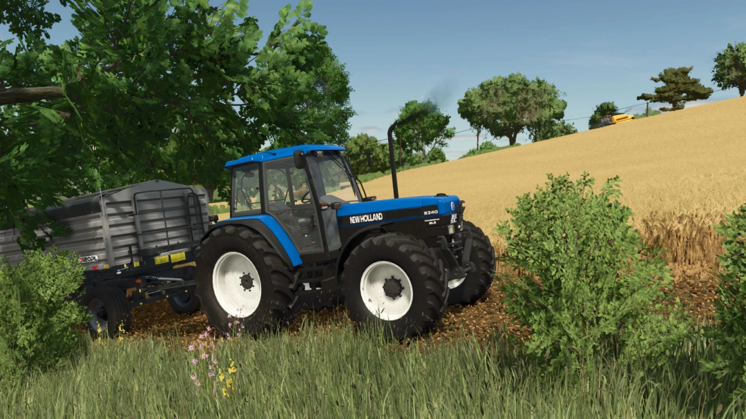 New Holland 8240 tractor on a farm in FS25 mod, pulling a trailer by a wheat field.