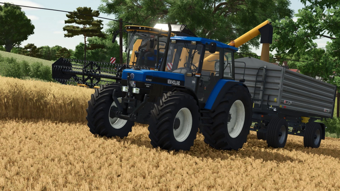 New Holland/Ford tractor 8x40 mod in FS25 game, harvesting wheat field.