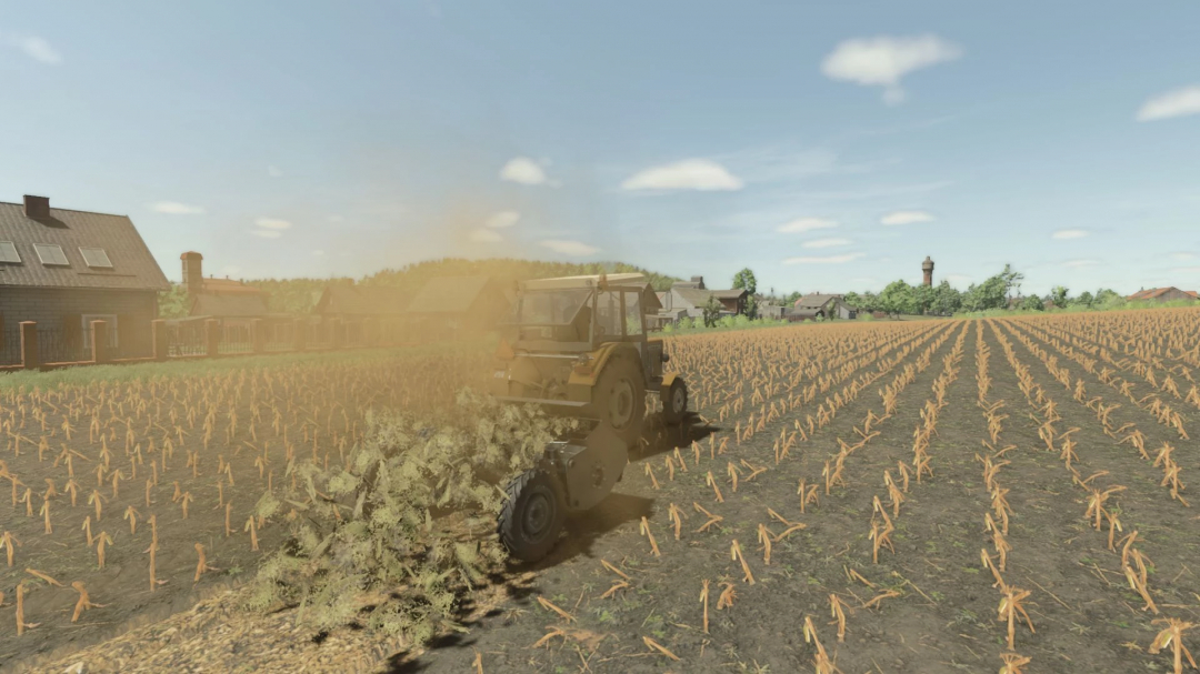 Tractor using PFMZ Z-302 Orkan 2 mod in Farming Simulator 25, driving through a field with dust clouds.