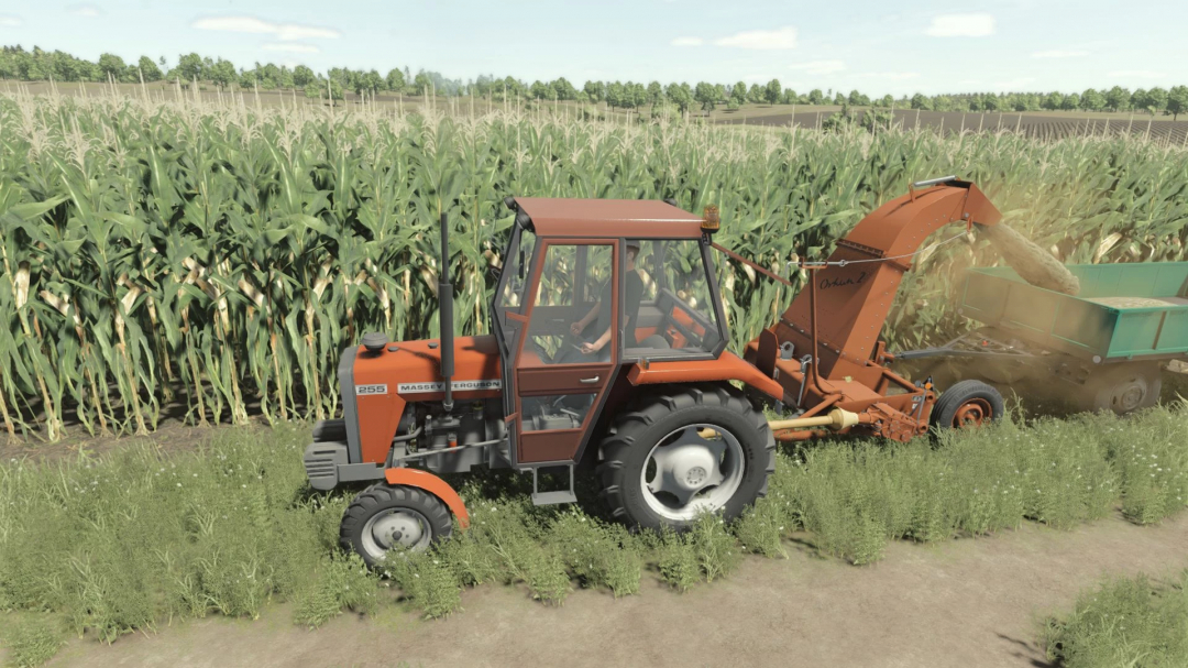 FS25 mod PFMZ Z-302 Orkan 2 shown harvesting corn with a Massey Ferguson tractor in Farming Simulator 25.