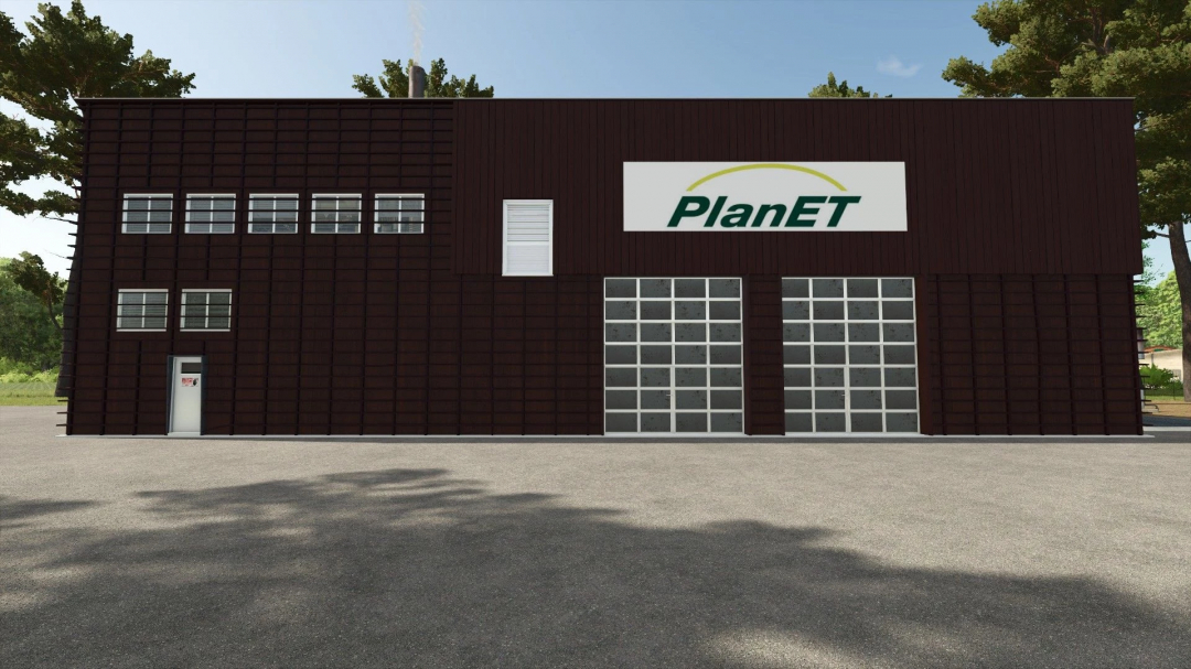 FS25 mod image depicting the Planet point of sale building with garage doors, featuring a PlanET logo.