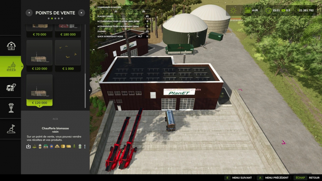 FS25 mod Planet point of sale interface showing biomass plant with vehicles and buildings.