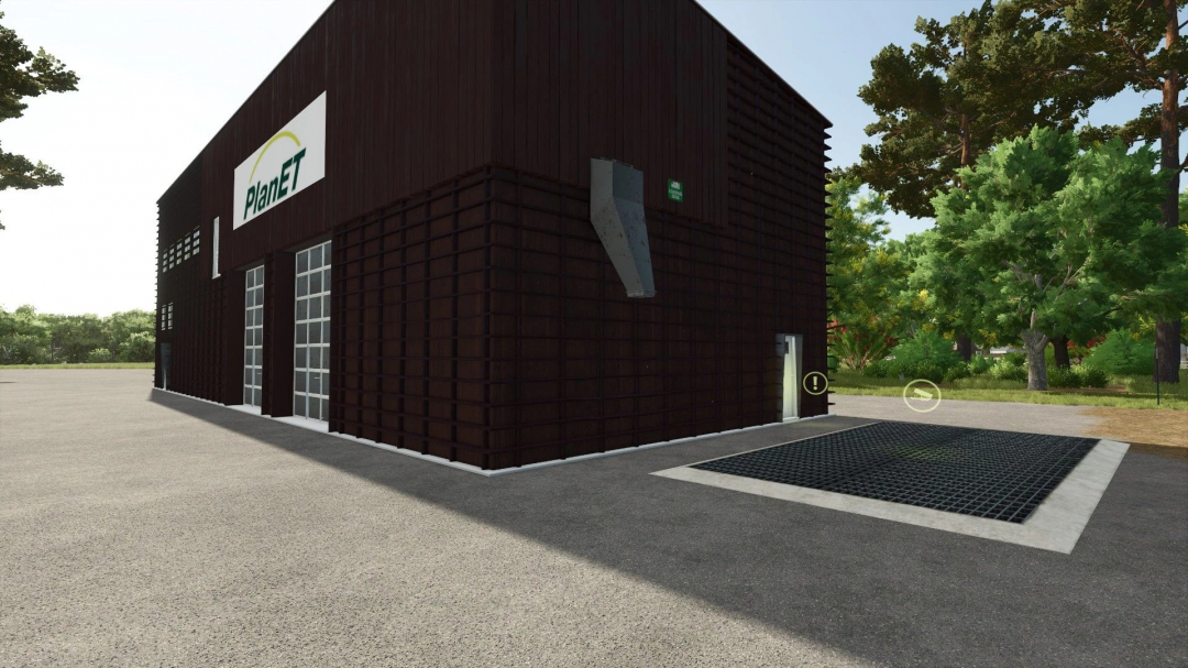 FS25 mods: Planet point of sale building with trees and asphalt in Farming Simulator 25.