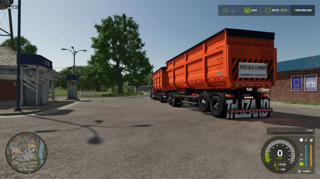 Randon Rodotrem Basculante in FS25 mod with orange trailers parked at an ATM location in Farming Simulator 25.