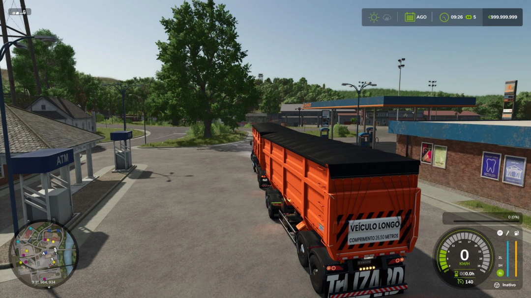 FS25 mod Randon Rodotrem Basculante v1.0.0.0 at an ATM beside a gas station in Farming Simulator 25.