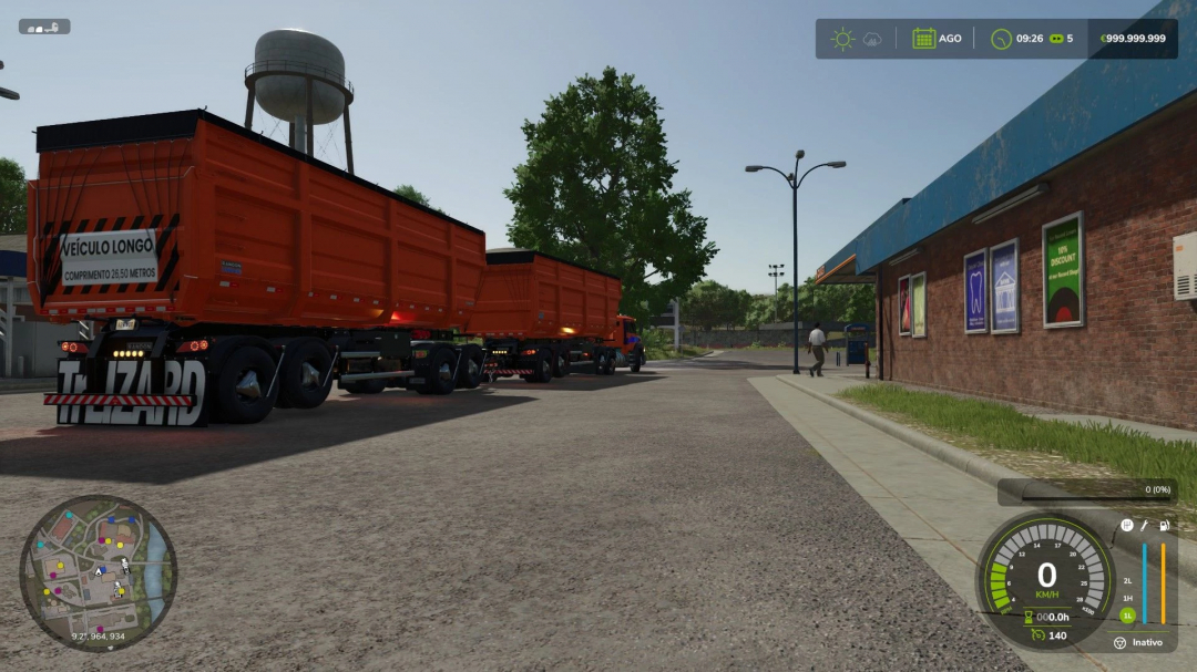 Randon Rodotrem Basculante v1.0.0.0 mod in FS25, featuring an orange articulated trailer on a street with in-game HUD elements.