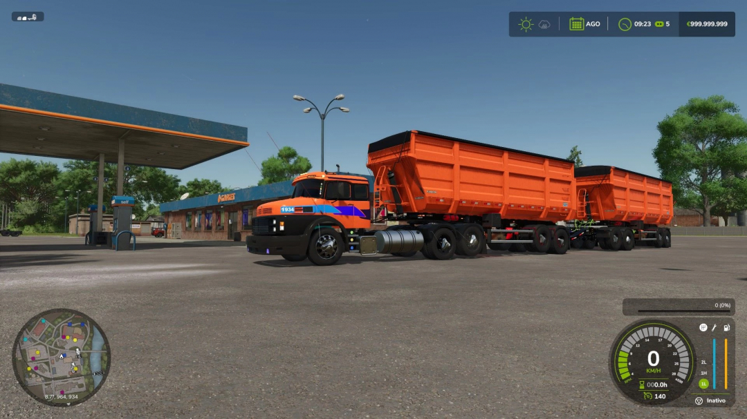 Randon Rodotrem Basculante mod in FS25 at a gas station.