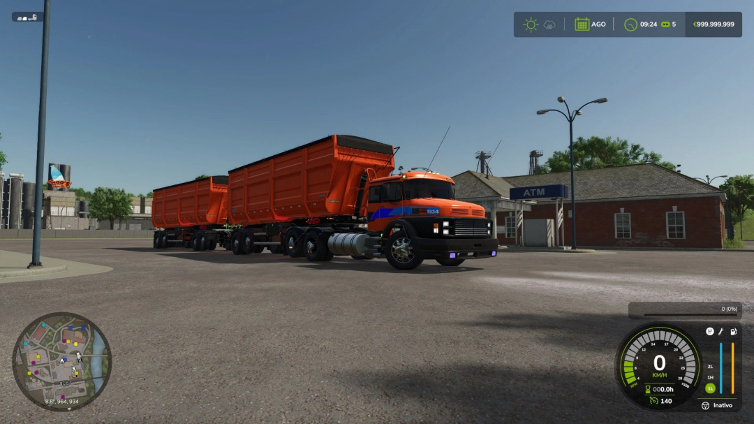 FS25 mod Randon Rodotrem Basculante v1.0.0.0 featuring an orange truck with trailers parked near ATM.