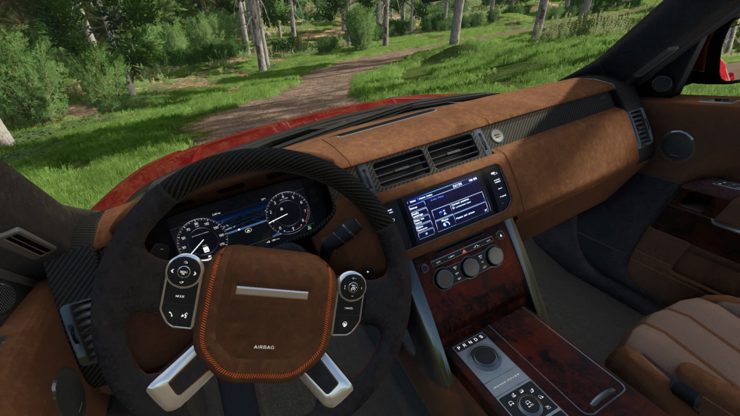 Interior view of Range Rover LWB mod in FS25, showcasing dashboard controls and steering wheel.