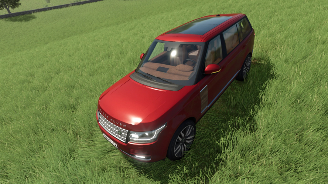 Red Range Rover LWB mod in a green field, Farming Simulator 25.