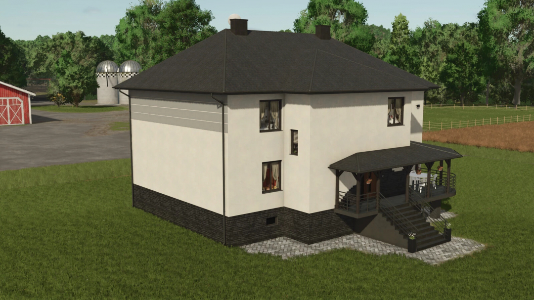 Renovated house mod in FS25 with porch and garden, surrounded by farm elements.