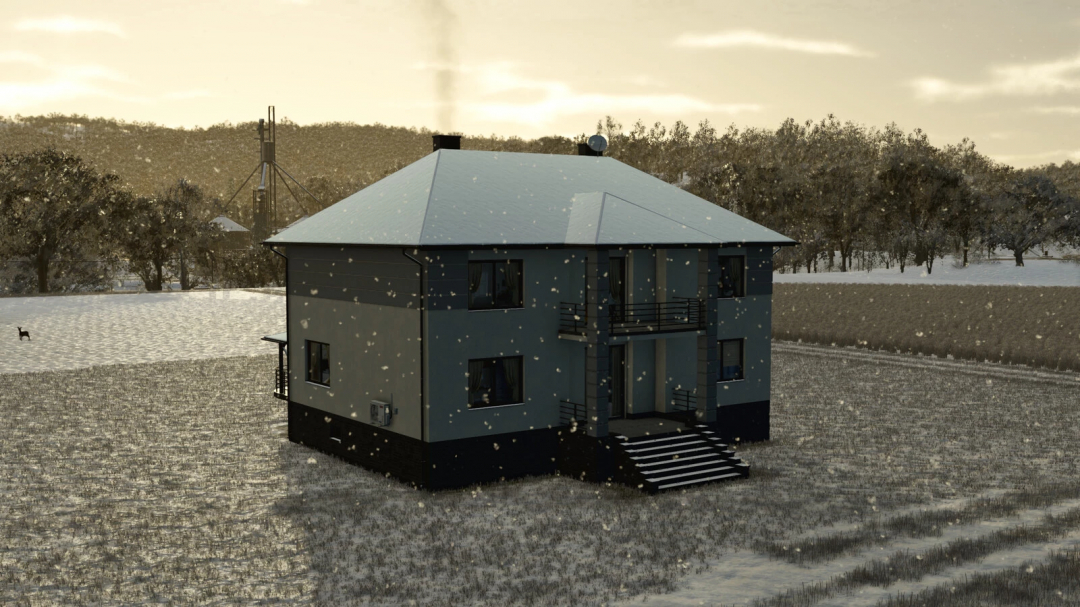 Renovated house mod in snowy field in FS25 with trees and hills in the background.