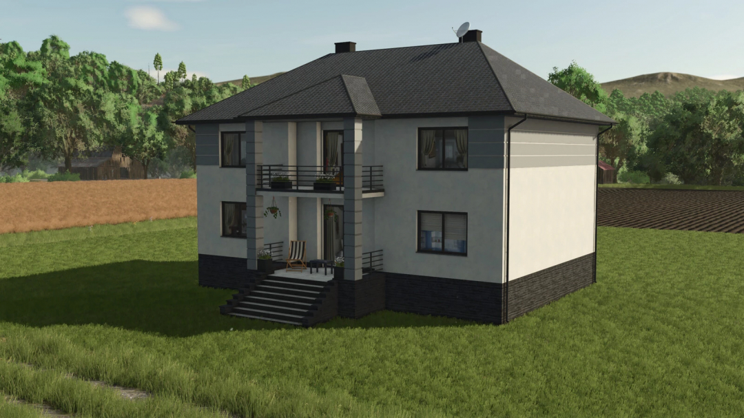 Renovated house mod in FS25, featuring a modern two-story home with a balcony and surrounding fields.