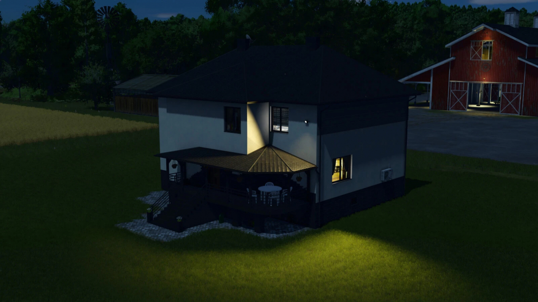 Renovated House mod in FS25, nighttime view with illuminated porch and nearby barn.