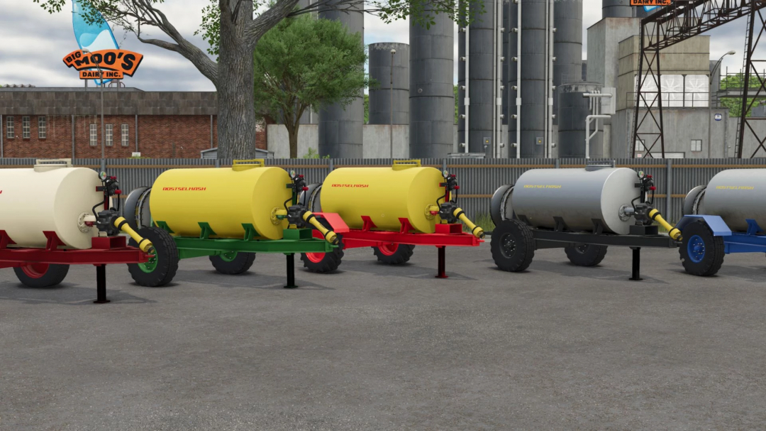 FS25 mod Rostselmash OPVS-2000 v1.0.0.1 featuring different colored agricultural tanks in an industrial setting.