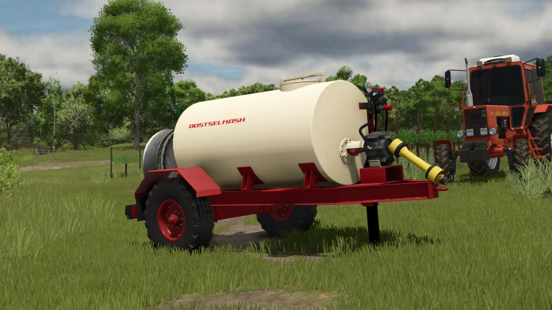 FS25 mod Rostselmash OPVS-2000 trailer in a grassy field with tractor nearby.