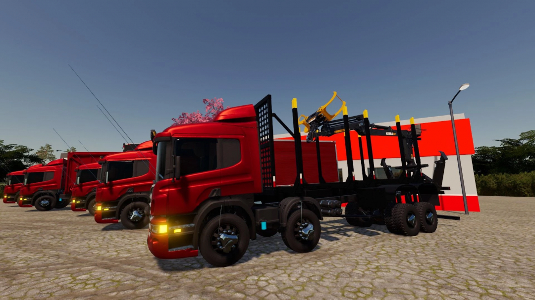 FS22 Scania P310 mod showcasing red trucks in a row