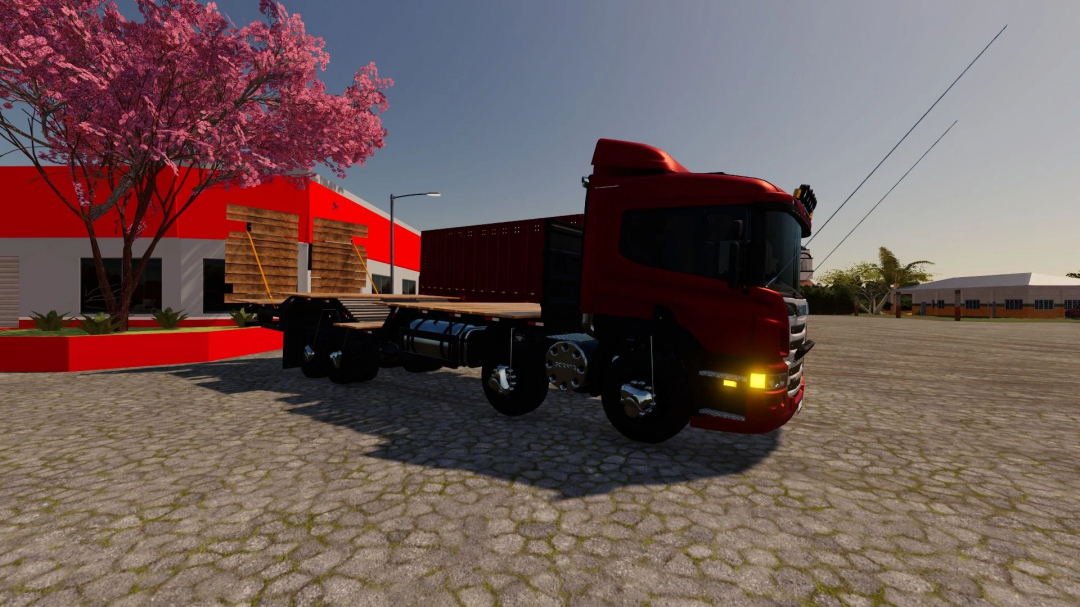 FS22 mod Scania P310 v1.0.0.0 truck parked on a cobblestone street with a pink blooming tree nearby in Farming Simulator 22.