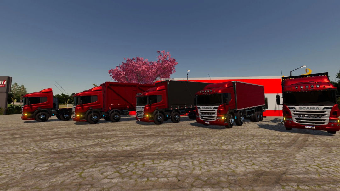 Five red Scania P310 trucks parked in Farming Simulator 22 mod scene.