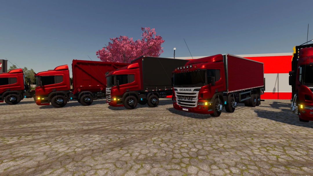 FS22 mod Scania P310 trucks in red, parked in a lot, showcasing Farming Simulator 22 vehicle customization.