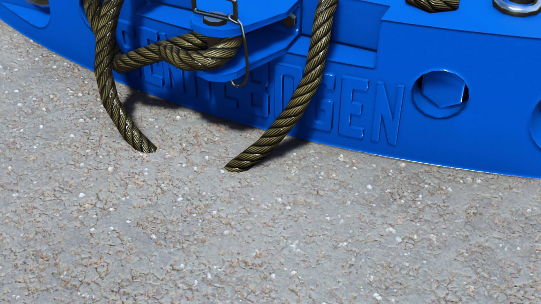 Close-up of blue Sennebogen 2700KG weight mod for Farming Simulator 25 with ropes on concrete.