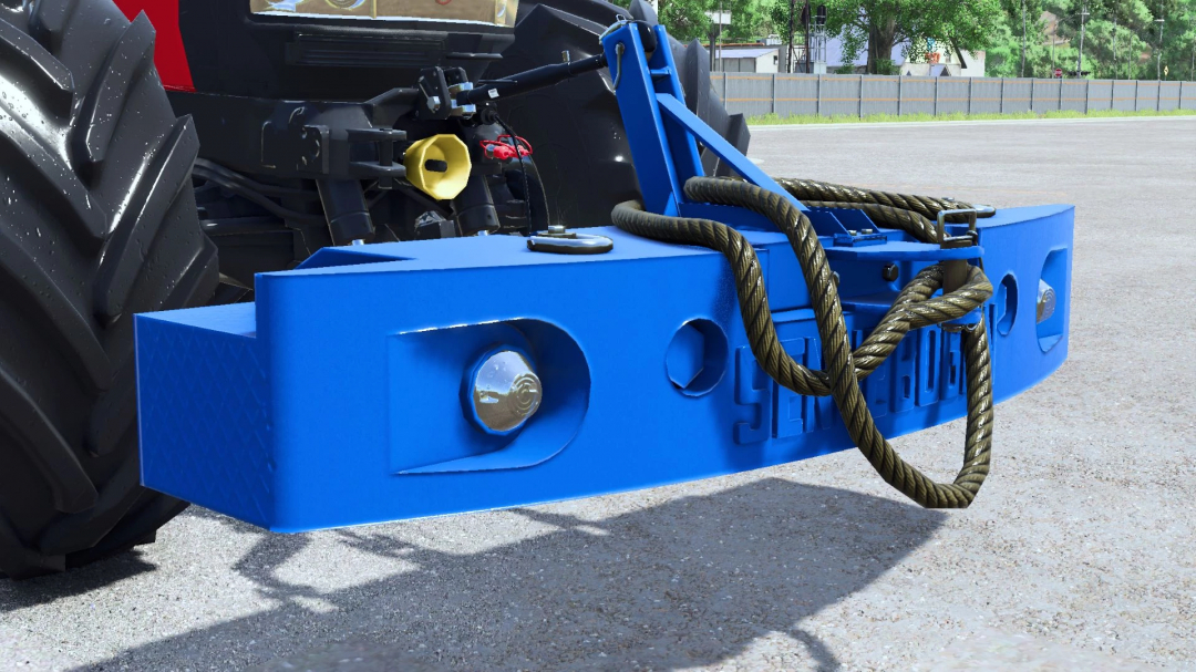 FS25 mod Sennebogen 2700KG weight attached to a tractor, featuring a bright blue design with metal cables.