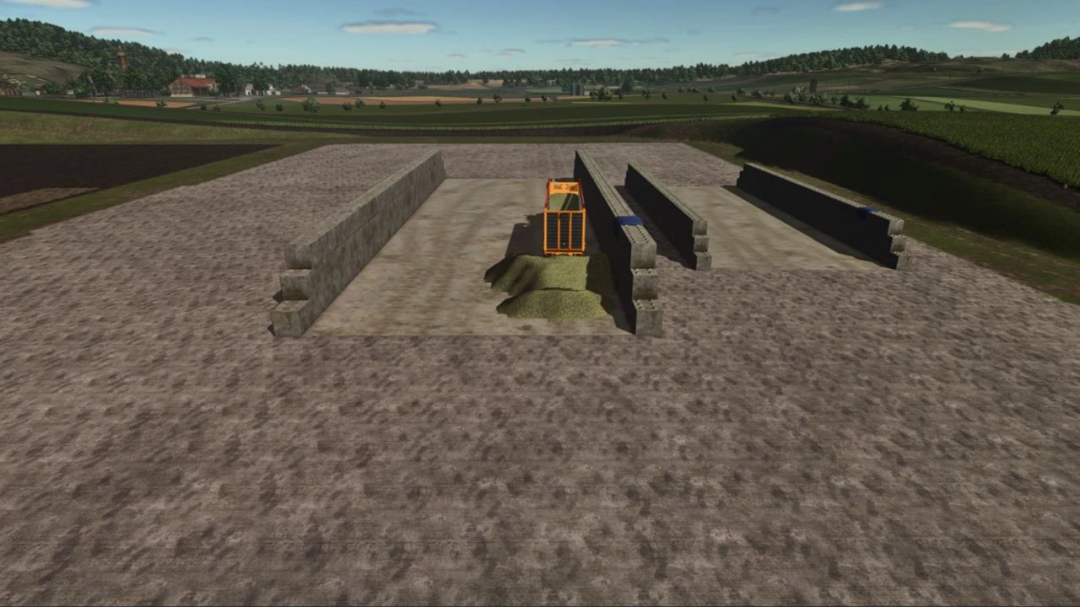 Silos Pack in Blocs mod for FS25 showing two large concrete silos with a loader depositing material.