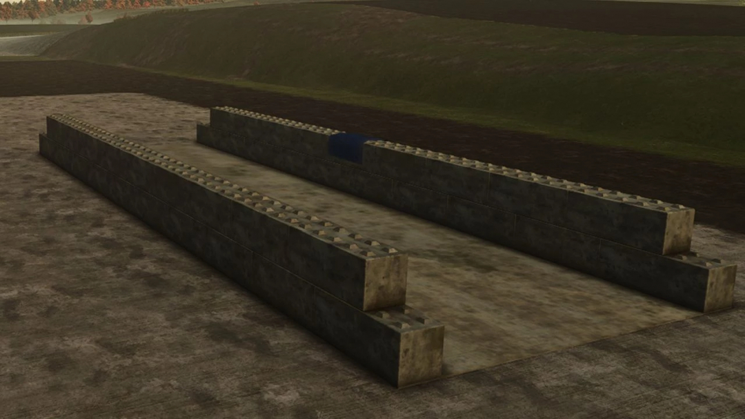 FS25 mod Silos Pack in Blocs v1.0.0.0 showing concrete block silos on a farm landscape.