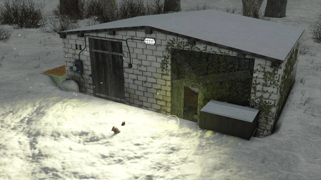 Small brick chicken coop in snowy setting, part of FS25 mods for Farming Simulator 25.