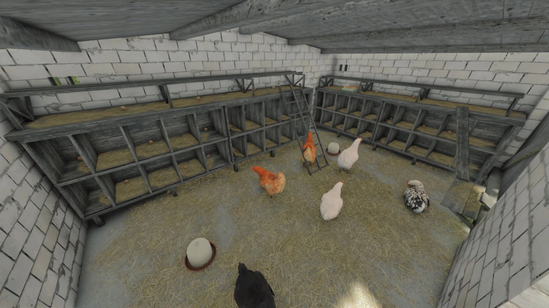 FS25 mods Small Brick Chicken Coop v1.0.0.0 features chickens inside a rustic brick structure with wood nesting boxes.